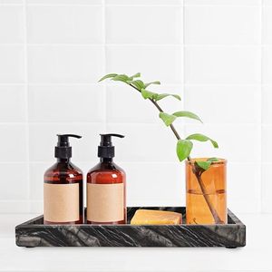 Plateau de service en marbre noir naturel, plateau décoratif pour vanité, plateau rectangulaire en pierre pour salle de bain, chambre à coucher, cuisine - Product Image 2
