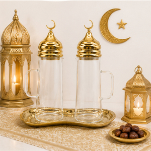 Juego de dispensadores de aceite de vidrio de lujo para decoración de Ramadán con bandeja, tapa dorada con forma de luna creciente islámica, decoración de mesa para Eid Mubarak - Product Image 4