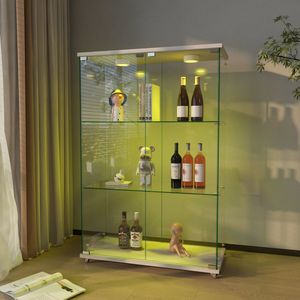 Modern Antique Living Room Cabinet with LED Lights Quick Assembly Tempered <b>Glass</b> <b>Bookshelf</b> - Product Image 2