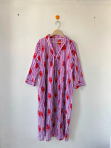 Robe longue décontractée d'été à rayures violettes et imprimé homard, col en V, manches trois quarts, coupe ample, avec poches - Product Image 4