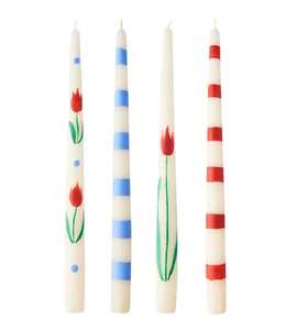 Ensemble de 4 bougies coniques modernes à rayures tulipes, faites à la main, en cire de soja et de paraffine, sans fumée, pour la décoration de Noël et les événements d'hiver - Product Image 1