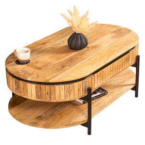 Mesa de Centro Ovalada de Madera de Mango Sólido con 1 Cajón de Almacenamiento, Estilo Flauta, Acabado Natural Industrial, Mesa de Centro para Sala de Estar - Product Image 2