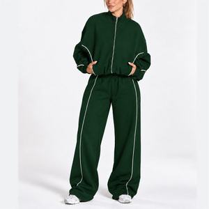 <b>Women's</b> Contrastline Full Zip Tracksuit Two Piece Casual Outfit Relaxed <b>Jacket</b> And Wide Leg Pants Matching Apparel Set Style - Product Image 1