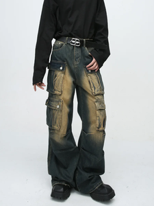 High Waist Cargo <b>Jeans</b> <b>Men</b> Bleach Stone Wash Denim Patchwork Loose Fit Streetwear Style Midweight Cotton Pants Autumn - Product Image 4