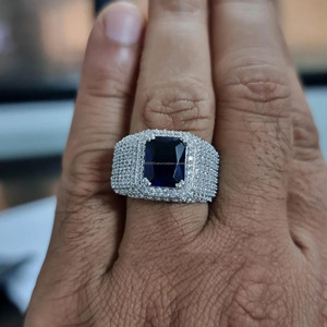 Emerald Cut Blue Sapphire Gemstone <b>Ring</b> 925 <b>Sterling</b> <b>Silver</b> Wedding <b>Ring</b> Big <b>Mens</b> Iced Out <b>Ring</b> Hip Hop Style Statement Jewelry - Product Image 6