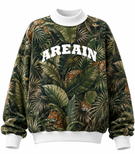 Sweat-shirt surdimensionné pour femme à imprimé tropical avec motif léopard et inscription « AREAIN », design épaules tombantes, style été - Product Image 6