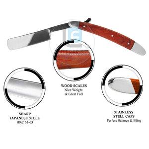 Best Selling Customized Own Design Stainless Steel Blades Wood Handle <b>Straight</b> Shaving <b>Razors</b> Professional Quality - Product Image 4