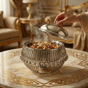 Plat de service de luxe rond en acier inoxydable doré avec boule latérale suspendue, élégant support de buffet pour réchaud de table - Product Image 3