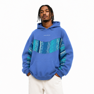 Sudadera con Capucha Oversize Personalizada de Patchwork para Hombre, Estilo Urbano, Gruesa, Vintage Hip Hop, con Paneles de Punto Azules - Product Image 1