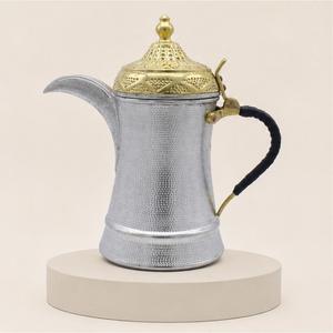 Hammered <b>Arabic</b> Dallah Coffee Pot with Golden Brass Lid Middle Eastern Silver Coffee Kettle Custom Logo Stainless Steel <b>Tea</b> Pot - Product Image 2