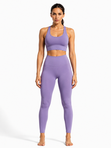 Purple <b>Plus</b> <b>Size</b> 2-Piece Yoga Set Racerback <b>Crop</b> Top High-Waist Full-Length <b>Leggings</b> Seamless Four-Way Stretch Solid Color Front - Product Image 2