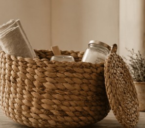 Cesta de Almacenamiento Tejida KOTTRAVAI con Tapa, Organizador Redondo de Bambú Natural para Baño, Decoración del Hogar, Estilo Wabi Sabi, Tamil Nadu - Product Image 6
