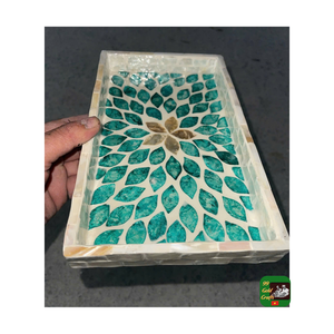 Mother Pearl Inlay <b>Tray</b> | Round <b>Breakfast</b> <b>Tray</b> | Green Nacre Serving <b>Tray</b> With Rattan Rim For Export - Product Image 2