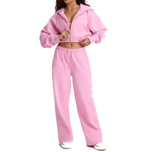 Women Pink Hooded Zipper Tracksuit Set Full Length Loose Fit Solid Color Casual <b>Sweatshirt</b> and Wide Leg Pants - Product Image 1