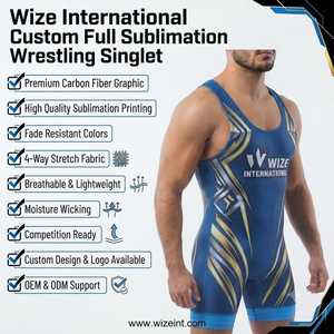 Wize International Blue Wrestling Singlet With Gold <b>Silver</b> Geometric Design Men's Gym Wear Men Singlets - Product Image 6