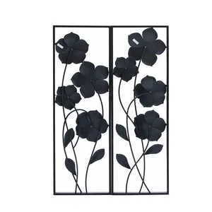 Ensemble de deux panneaux muraux en métal noir, or et blanc, décoration florale moderne pour salon, chambre et couloir - Product Image 2
