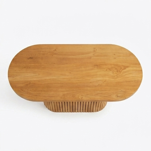 Table à manger ovale en bois massif moderne, base en piédestal cannelé, en teck artisanal, style minimaliste Japandi, pour la maison ou un restaurant - Product Image 4