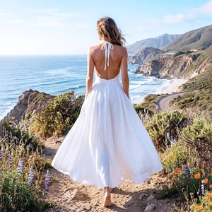 Robe midi vintage en lin biologique à manches cloche, col en V, dos nu, coupe trapèze, taille haute, pour l'été et les vacances à la plage, avec poches - Product Image 1