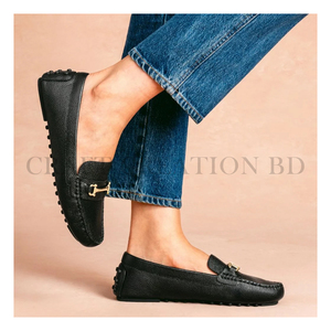 Mocassins en cuir noir OEM pour femmes, bout rond, à enfiler, avec détail mors de cheval classique, semelle plate, confortables, décontractés, pour le bureau, toutes saisons - Product Image 4