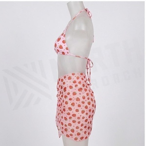 Strawberry Print Women's 2 Piece Bikini Set Halter Top With Tie Side Bottom Asymmetric Wrap Skirt Stretch Swimwear - Product Image 4