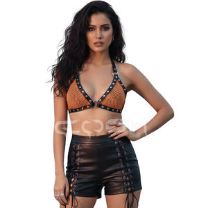 Soutien-gorge en maille orange avec garniture en cuir noir, clous argentés et anneaux en O - Product Image 2