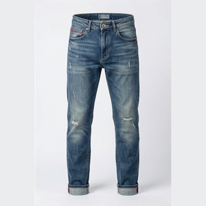 Jean en denim déchiré coupe droite pour homme, taille mi-haute, en coton, style décontracté automne, délavé bleu - Product Image 4
