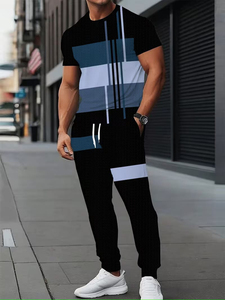 Conjunto Deportivo para Hombre con Bloques de Color, Manga Corta, Cuello Redondo, Transpirable, Poliéster, Pantalones Largos con Cordón Ajustable - Product Image 5