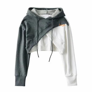 Sweat-shirt décontracté en coton tricoté pour femme, asymétrique, uni, brodé, à manches longues, coupe classique, avec poches et logo frontal, écologique - Product Image 2