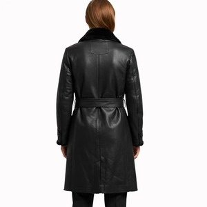 Women's Long <b>Black</b> Shearling Leather Trench <b>Coat</b> – Belted Winter Jacket <b>with</b> <b>Fur</b> <b>Collar</b> - Product Image 2