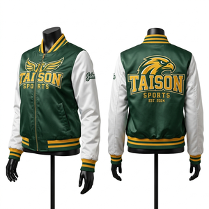 เสื้อแจ็คเก็ตบอมเบอร์ผู้หญิง ผ้าซาตินคุณภาพสูง สีเขียวและสีเทาตัดกันที่แขนเสื้อ ปักลายเชนิลล์ ปักโลโก้ เสื้อแจ็คเก็ตผู้หญิง - Product Image 6