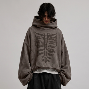 Hoodie à capuche large et épais en tissu délavé, imprimé ton sur ton, style streetwear - Product Image 3