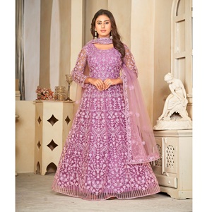 Élégante robe Anarkali violette pour femme, manches 3/4, en Santoon et tulle, semi-couturée, idéale pour les mariages et les occasions festives - Product Image 1
