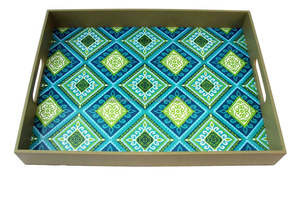 Plateau de service en métal en bois hexagonal de Style rustique Design unique en bambou verre rond avec motif décoratif fêtes faites à la main nordique - Product Image 3