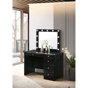 Juego de tocador de maquillaje de 2 piezas con iluminación LED negra, tapa de cristal y 5 cajones con tiradores de cristal, muebles de dormitorio de madera - Product Image 1