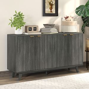 Credenza/Bar da Caffè a 4 Ante Grigio Anticato da 55 Pollici con Scanalature, 2 Ripiani Regolabili e 5 Gambe in Legno, Stile Rustico/Country - Product Image 2