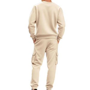 Ensemble de survêtement unisexe beige avec sweat à capuche et pantalon cargo, 100 % coton, coupe classique, couleur unie, décontracté, épais, streetwear 2 en 1 - Product Image 6