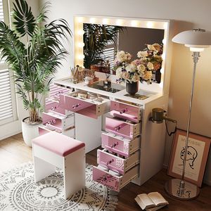 Tavolo da Trucco da 11 Pollici con Piano in Vetro e 15 Luci Stile Hollywood, 3 Modalità di Illuminazione e Luminosità Regolabile - Product Image 2