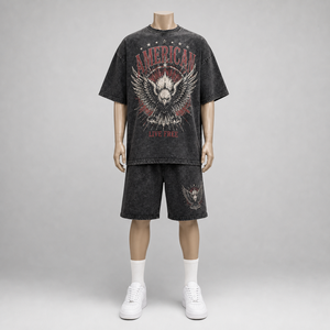 Mens Casual <b>Knitted</b> Acid Wash Oversized T-Shirt and Shorts <b>Set</b> Eagle Screen Print Loose Fit American Streetwear Two-Piece Outfit - Product Image 1