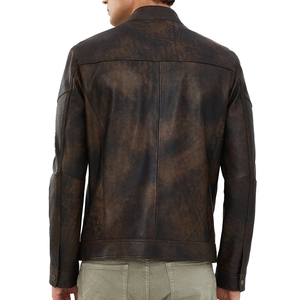<b>Men's</b> Genuine <b>Leather</b> Moto <b>Jacket</b> Stand Collar Zipper Closure Washed Finish Regular Fit Autumn Style - Product Image 5