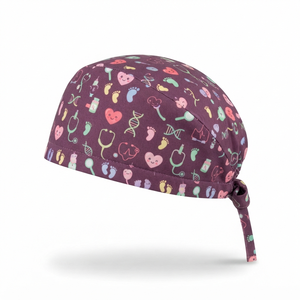 Pink Medical <b>Scrub</b> <b>Cap</b> With Footprints And Stethoscopes Pattern Adjustable Tie Back For Women Hospital Use - Product Image 4