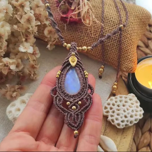 Rainbow Moonstone Macrame <b>Statement</b> Pendant Mauve Hand-Woven Crystal <b>Necklace</b> Spiritual Boho Jewelry - Product Image 1