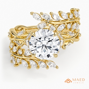 Bague en Moissanite à Coupe Ronde, Bijou Fin en Or pour Femme, Motif Feuille Florale, Cadeau de Fiançailles, Bijou de Mode Chic et Luxueux - Product Image 1