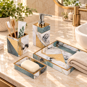 Juego de Accesorios de Baño de Madera Hechos a Mano con Patrón Geométrico Negro Marfil Impreso, Venta al por Mayor OEM ODM - Product Image 5