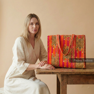 Sac fourre-tout matelassé en coton de Jaipur - Imprimé animalier Tigre vibrant, grande capacité, sac à bandoulière pour femme avec fermeture éclair - Product Image 1