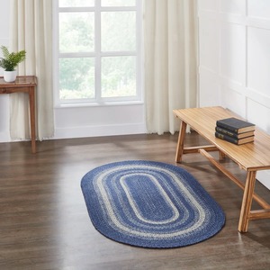 Alfombra Ovalada de Yute Trenzado, Rayas Azules y Blancas, Estilo Rústico, Base Antideslizante, Tapete para Sala de Estar - Product Image 1