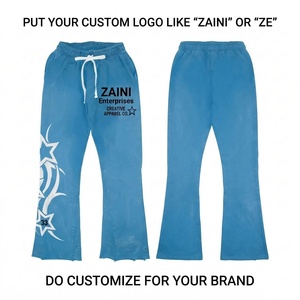 Pantalon évasé en molleton de coton premium 320 GSM, coupe large, avec logo personnalisé sérigraphié, bleu, style streetwear décontracté pour homme - Product Image 1