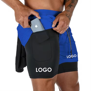 Shorts de sport bleu-noir pour homme avec poches, taille à cordon de serrage, séchage rapide, vêtements de sport, longueur mi-cuisse, couleur unie, logo imprimé - Product Image 5