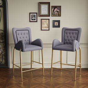 Set di 2 Sgabelli da Bar Alti 73 cm con Braccioli in Velluto, Gambe Dorate e Poggiapiedi Grigi - Product Image 1
