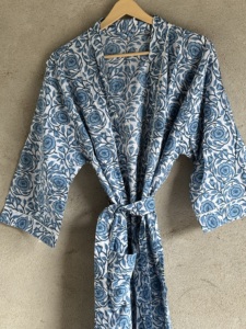 Hand Block Printed Floral V-neck Cotton <b>Kimono</b> Women Full Length Belted Robe Spring Summer <b>Beach</b> Cover Casual Resort Wear - Product Image 2