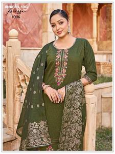 Fournisseur indien d'ensembles indiens de haute qualité, élégants, en soie verticale avec broderies, sequins et travail Zarkan, comprenant Kurti, pantalon et dupatta. - Product Image 5